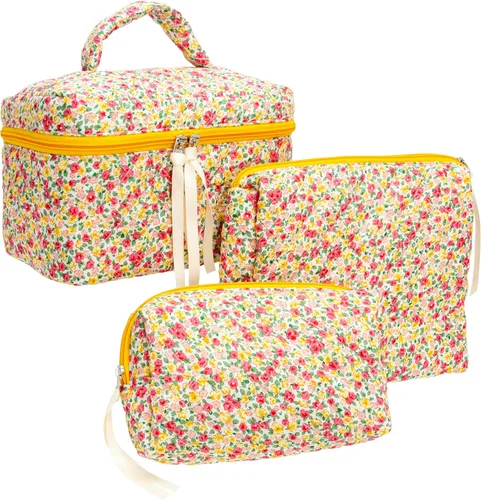 Miniatura 11 de PAZIMIIK - Bolsa de maquillaje de algodón para mujer, grande, acolchada para viaje, Rosa (Bow Pink), Vintage