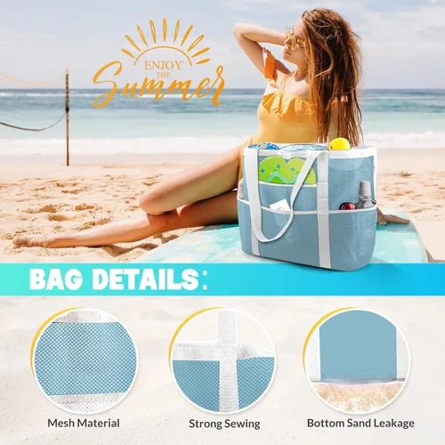 Miniatura 3 de EASYFUN Bolsa de playa grande de malla, bolsa de playa ligera con 9 bolsillos, accesorios de playa plegables