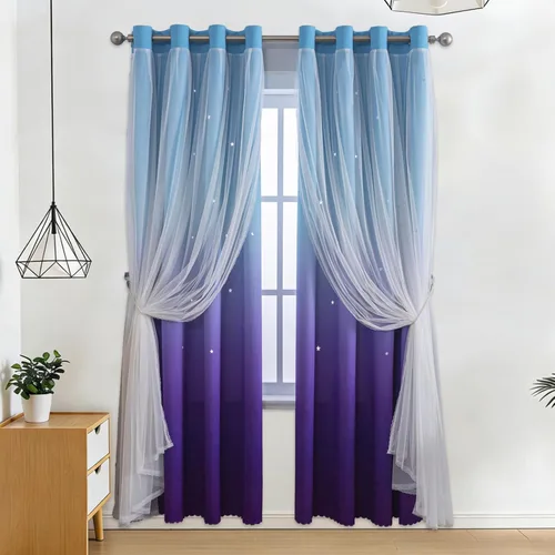 Miniatura 20 de Anytime - Cortinas románticas para niños, cortina de ventana con estrellas recortadas, cortinas opacas de doble capa para dormitorio de niñas, Azul