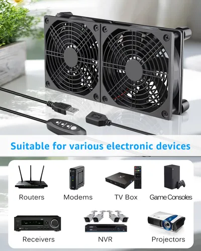 Miniatura 6 de GDSTIME Enfriador de ventilador silencioso con control de 3 velocidades, L/M/H, CC 5 V alimentado por USB dual 4.724 in ventilador de caja
