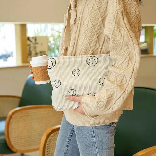 Miniatura 3 de Bolsa de maquillaje para mujeres, bolsa de cosméticos de pana con diseño estético, bolsa de mano para damas, estuche para lápices para niñas, lindo
