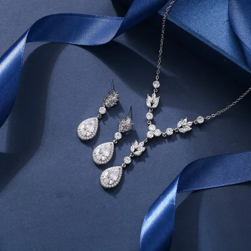 Miniatura 3 de EleQueen Teardrop Bridal Jewelry Set for Wedding, Costume Prom Cubic Zirconia Necklace Earrings for Bride Bridesmaids