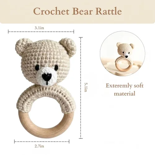 Miniatura 2 de Juguete de sonajero orgánico de oso de ganchillo para bebé, juego de regalo hecho a mano para recién nacido con mordedor y soporte para chupete