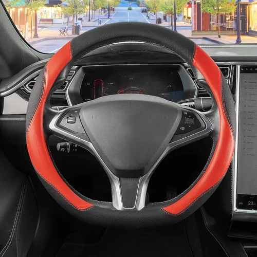 Miniatura 15 de SEG Direct - Cubierta para volante de base plana en forma de D, de 14-14 1/4 pulgadas para Tesla Model 3 / Y, para Camaro, cuero de microfibra negro