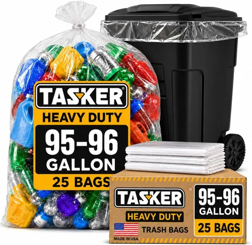 Miniatura 8 de Tasker Bolsas de basura transparentes de 95 a 100 galones resistentes 25 bolsas Bolsas de basura extragrandes de 96 galones para latas de basura