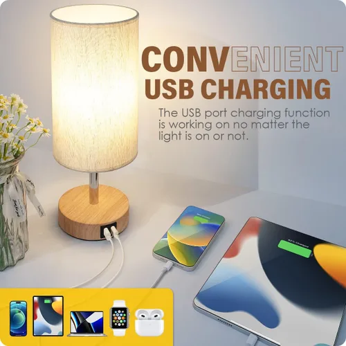 Miniatura 3 de Yarra-Decor Lámparas de noche con puerto USB, lámpara de mesa con control táctil para dormitorio, de madera, de 3 vías, regulable, juego de 2
