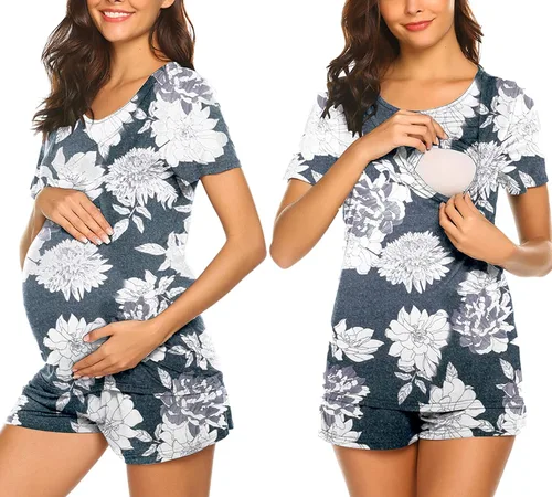 Ekouaer - Conjunto de pijama de maternidad para el hospital o el hogar, con camiseta para lactancia y pantalón corto ajustable para el embarazo