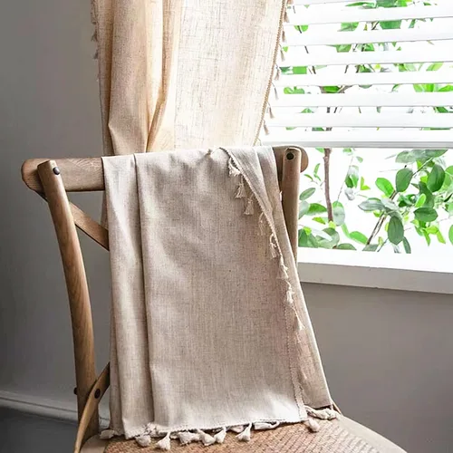 Miniatura 56 de Deeprove Cortinas bohemias para dormitorio, rayas huecas de ganchillo crema y estampado floral, tela de lino de algodón, con borlas beige bohemias
