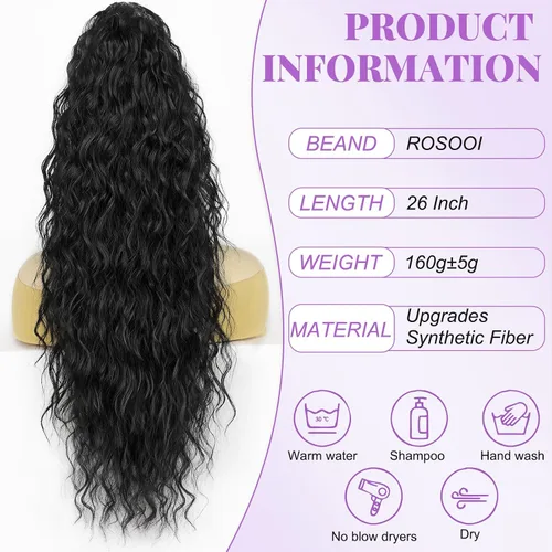 Miniatura 5 de Extensión de cola de caballo con cordón, extensión de cola de caballo larga y rizada para mujeres negras, extensiones de cabello negro de 26