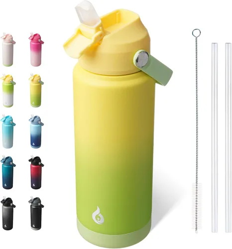 Miniatura 51 de BJPKPK - Botella de agua aislada con tapa de popote, 532 ml Botellas termo con boquilla suave, asa flexible y base antideslizante, libre de BPA, a