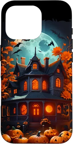 Miniatura 19 de Funda para iPhone 11 Pro Max Halloween espeluznante casa embrujada murciélagos y calabazas talladas