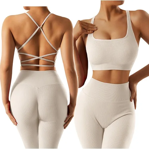 OMKAGI Conjunto de entrenamiento acanalado para mujer, sin costuras, brasier deportivo con tiras y levantamiento de glúteos