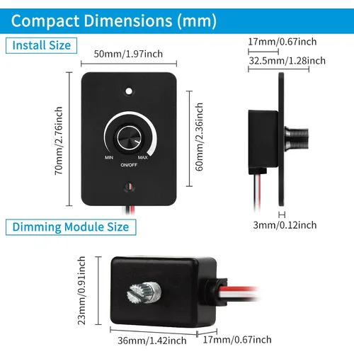 Miniatura 7 de RGBZONE Interruptor de atenuación LED de 12V, 5A 60W, regulador LED para vehículos recreativos, interruptor de atenuación PWM para autocaravanas