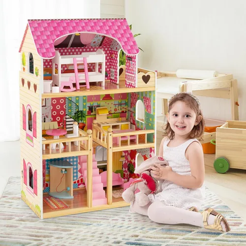 Miniatura 3 de HONEY JOY Casa de Muñecas Rosa, Casa de Muñecas de Madera para Niños con Balcón y Escaleras, 15 Piezas de Accesorios y Muebles Incluidos, Juguete