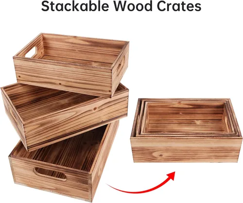 Miniatura 4 de PHOENANCEE Cajas de madera para exhibición, cajas decorativas rústicas de almacenamiento, juego de 3, caja anidable de madera con asas, cesta