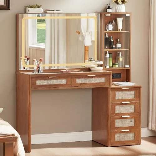 LEYAOYAO - Escritorio de ratán con espejo y luces, tocador de maquillaje estilo bohemio de 43.5'' con 6 cajones y estantes ajustables, tocador de