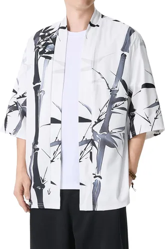 Miniatura 4 de PRIJOUHE Chaqueta Kimono Ligera para Hombre de Manga Tres Cuartos con Frente Abierto Cárdigan Estilo Japonés