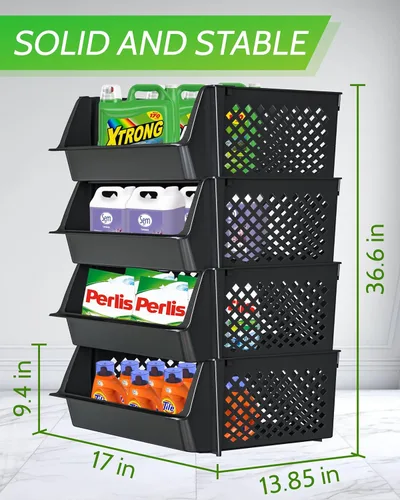 Miniatura 3 de TidyFriend - Paquete de 4 cubos de almacenamiento apilables grandes con frente abierto para organizadores y almacenamiento de despensa, Negro