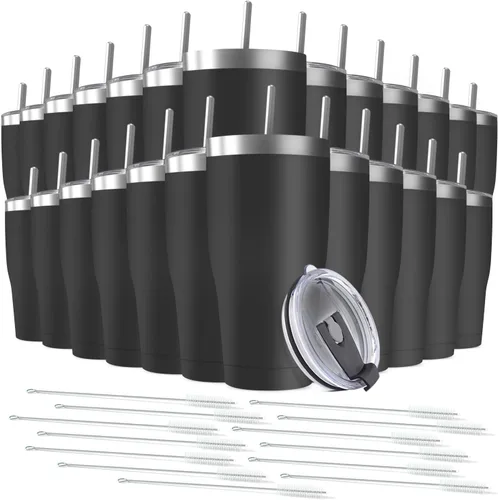 Miniatura 10 de Paquete de 8 vasos de acero inoxidable de 30 onzas a granel reutilizables con tapa, taza de café con recubrimiento de polvo de doble pared