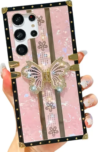 Compatible con Funda Samsung Galaxy S22 Ultra, Diseño de Mariposa Brillante de Lujo con Soporte Plegable Kickstand para Mujeres y Niñas, Funda Rosa