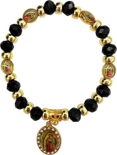 RBN Pulsera de cuentas negras Virgen María con cuentas de protección de prosperidad buena suerte, pulsera de la Virgen María Color Negro Católica