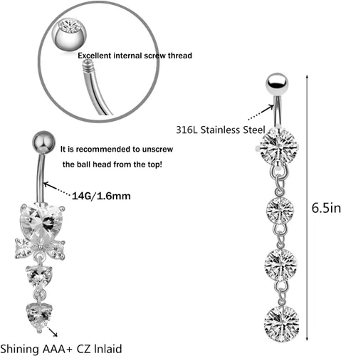 Miniatura 3 de NASAMA Piercing de ombligo de acero inoxidable 14G para mujer, joyería de piercing para el ombligo CZ