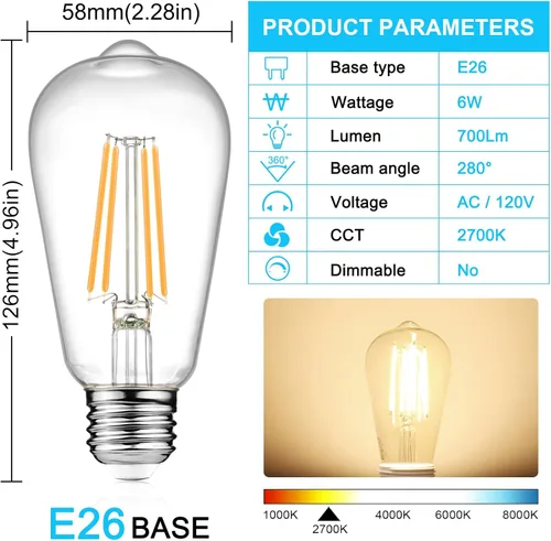 Miniatura 2 de Ascher - Bombillas LED Edison vintage, 6 W, equivalente a 60 W, no regulables, blanco cálido 2700 K, bombillas de filamento LED antiguas ST58