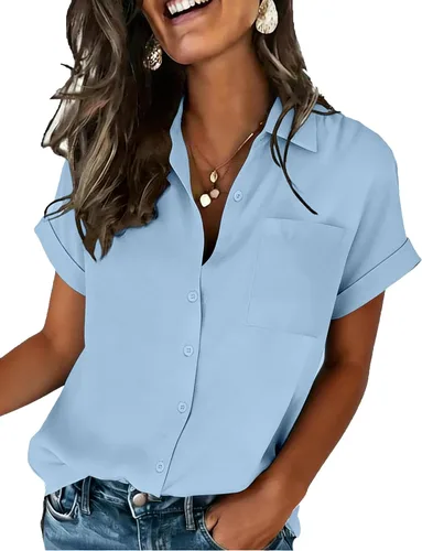 Miniatura 12 de Zeagoo Camisa de manga corta con botones para mujer, cuello en V, elegante, casual, para negocios, trabajo, con bolsillo, S-XXL