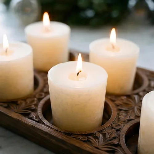 Miniatura 7 de Aroma Naturals Velas votivas con aceite esencial de clavo de naranja y canela, aroma blanco, perla de la paz, 5.5 x 3.75 x 2 pulgadas (paquete de 6)