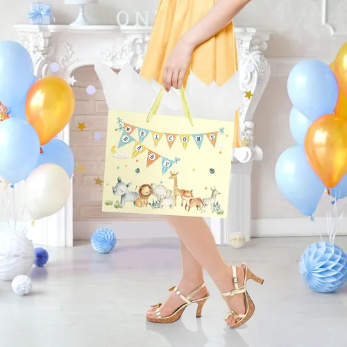 Miniatura 6 de Laidans Bolsa de regalo grande de 13" para bebé niño o niña para baby shower con papel de seda y tarjeta de felicitación (Azul)