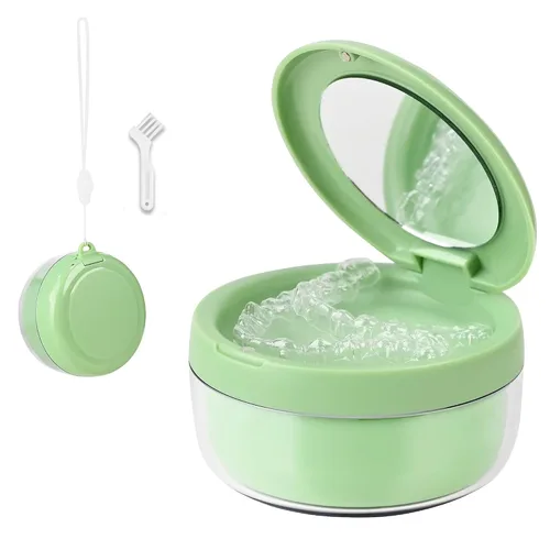 Miniatura 7 de Estuche de dentadura postiza, estuche limpiador de retenedores 2 en 1 con espejo y colador, vaso de baño portátil para viajes, bonita caja