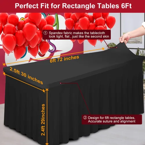 Miniatura 3 de Falda de mesa gruesa de elastano 2 en 1 y funda de 6 pies, mantel rectangular ajustable con falda plisada, mantel rectangular sin arrugas para Negro