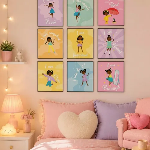 Miniatura 5 de Outus 9 piezas de decoración de pared de niña negra para habitación de niñas, cita inspiradora, arte de pared afroamericano, decoración