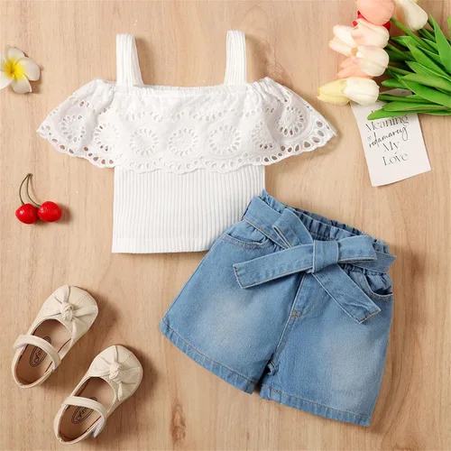 Miniatura 6 de PATPAT Bebé Niña 100% Algodón Denim Shorts Corazón Impreso Blanco Manga Corta Top Con Diadema Conjunto 3 Meses-3 Años
