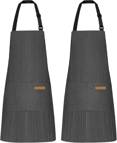 NLUS Paquete de 2 delantales de cocina ajustables con babero, delantal de chef suave con 2 bolsillos para hombres y mujeres (rayas negras)