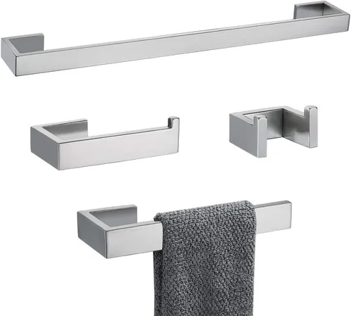 Juego de accesorios de baño de 4 piezas, toallero, toallero, gancho para bata, soporte para papel higiénico, acero inoxidable, Q8-P4BR Níquel