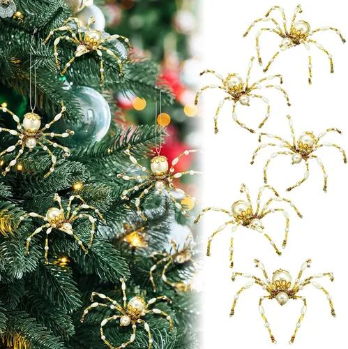 Miniatura 11 de Reallnaive 8 piezas de adornos de araña de Halloween en blanco y negro con cuentas, adornos colgantes para decoración de Halloween, regalo