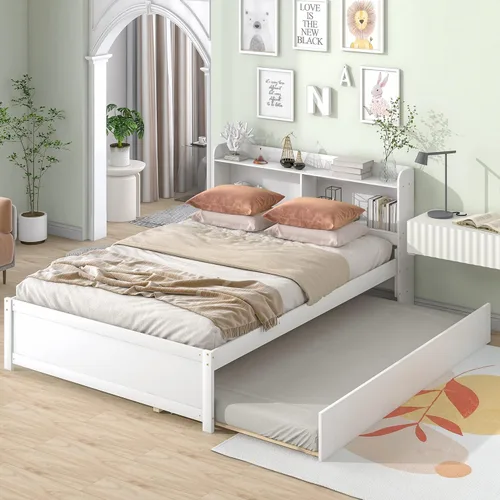 Miniatura 12 de Polibi Cama de plataforma de madera de tamaño individual con cabecero, estribo, listones de madera, no necesita somier (blanco)