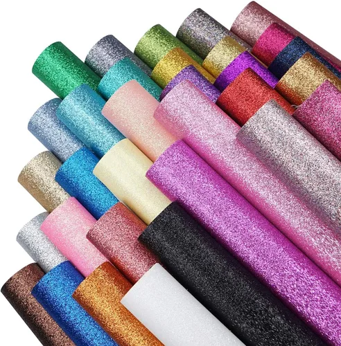 Hojas de tela de piel sintética con purpurina de 32 colores de 8 x 6 pulgadas para lazos de cuero, aretes, fabricación de joyas, costura,