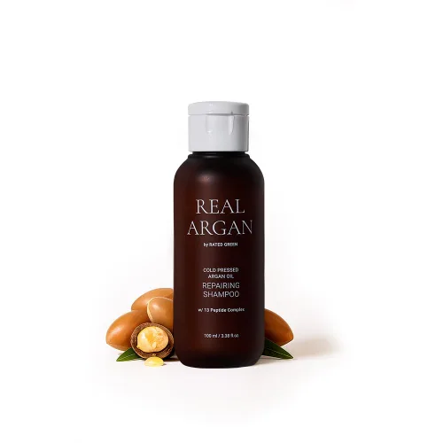 RATED GREEN Real Argan Repairing Travel Size Shampoo | Ingrediente orgánico prensado en frío y complejo de 13 péptidos | Para cabello quebradizo y
