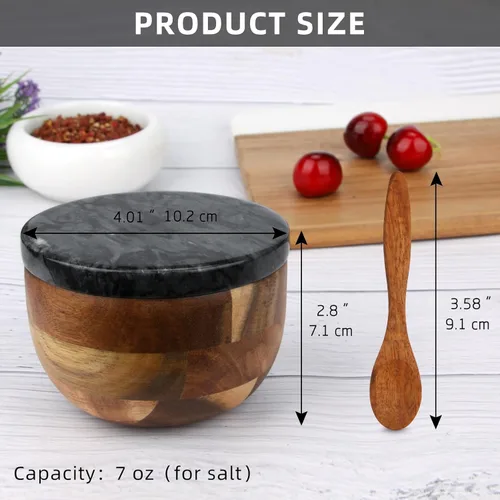 Miniatura 2 de Caja de Sal de Madera con Tapa de Mármol y Cuchara, Moderno Recipiente de Piedra Negra para Sal o Pimienta Azúcar Especias Condimentos, Contenedor