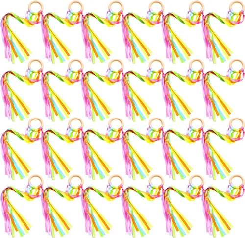 Miniatura 10 de Junkin Anillos de cinta de mano, juguetes Waldorf, cintas de muñeca bailarín, serpentinas de arco iris con anillo de madera, juguete educativo