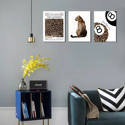 Miniatura 3 de Conjunto de 3 modernos pósteres de pared de leopardo en lona con bola de la suerte número 8, arte de pared elegante, decoraciones de pared