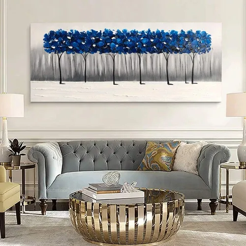 Miniatura 7 de Yihui Arts - Pintura al óleo de árbol azul pintado a mano en lienzo, paisaje moderno abstracto, obra de arte para pared, decoración para sala