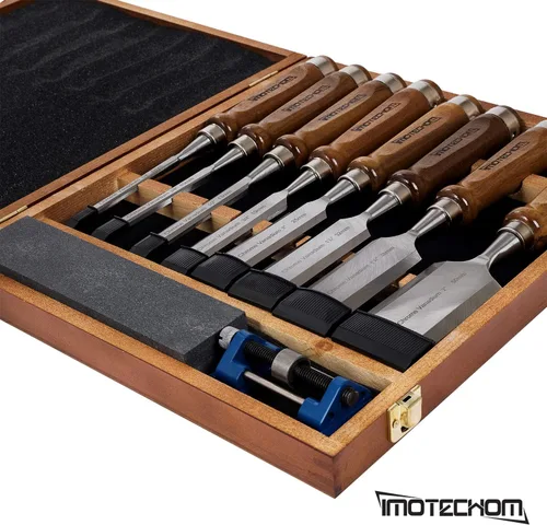 Miniatura 8 de Juego de 10 piezas de cinceles de madera para carpintería con caja de madera, guía de afilado, piedra de afilar, cuchillas de acero CR-V 60