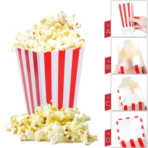 Miniatura 2 de 24 paquetes de cajas de palomitas de maíz con rayas rojas - Mini contenedores de papel para palomitas y caramelos para fiestas de carnaval, 2-Rojo