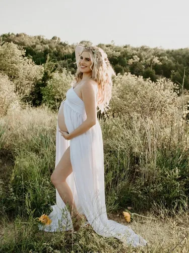 Miniatura 4 de Vestido de maternidad sin tirantes para mujer, con hombros descubiertos, para fotografía, vestido de gasa con abertura frontal para sesión de fotos