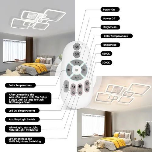 Miniatura 5 de Modernas luces LED de techo para dormitorio, 40.2 pulgadas, regulables, cuadradas, 6+1 anillos, luces de techo para sala de estar con control remoto