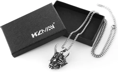 Miniatura 5 de HZMAN Collar gótico para hombre, máscara de Prajna, acero inoxidable, plata, malvado, demonio, fantasma, cuerno, calavera, colgante, Metal, No es