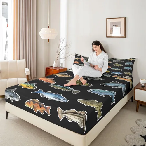 Miniatura 5 de Erosebridal Fishing Fitted Sheet Twin for Boys, Big Pike Fish Black Bed Sheets for Rustic Farmhouse Lake House Decor, Fishing Bedding Set Marine